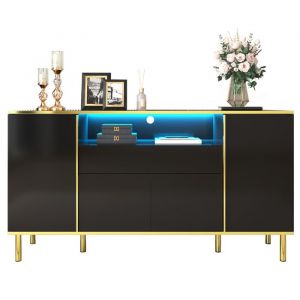 Buffet Moderne Noir Laqu&eacute; Meuble de Rangement avec Tiroir et &Eacute;clairage LED MDF et Panneaux de Particules - 150x40x80 cm