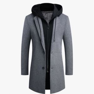 Veste à Capuche en Laine pour Homme Long Manteau Coupe-Vent Décontracté Épais Slim Automne Hiver Gris