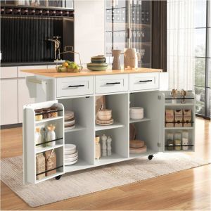 Buffet Salle a Manger avec Plan de Travail PliableChariot de Cuisine avec RouesBuffet Cuisine avec 2 Portes et 3 tiroirs Blanc