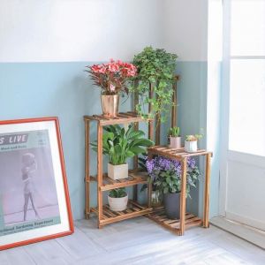 Porte Plantes d’Angle en Bois - Étagère Echelle à Fleurs -  - 60 x 60 x 100cm - Escalier pour Balcon Terrasse Jardin Maison