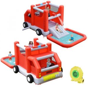 COSTWAY Toboggan Aquatique Gonflable avec Gonfleur 480W Piscine &agrave; Eclaboussures sur Th&egrave;me Voiture de Pompiers Ballon de Basket