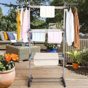 Etendoir à Linge en acier inox grande capacité étendoir pliable 3 étagères (75-126)*64*170cm