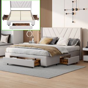 Lit 2 places 140 x 200 cm avec Rangement – 3 Tiroirs – Tissu en Lin – Lit Rembourré avec Sommier – Lit Adulte – Lit Ado – Beige