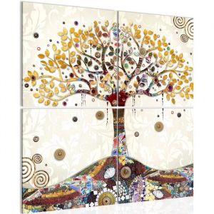 Tableau D&eacute;coration Murale 80x80 cm Runa art 004643a Gustav Klimt Arbre de Vie - 4 Panneaux Deco Toile Pr&ecirc;t &agrave; Accrocher - Beige