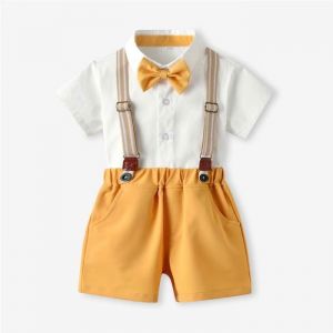 Ensemble de V&ecirc;tements B&eacute;b&eacute; Gar&ccedil;on Mariage Bapt&ecirc;me Costume Ceremonie Chemise Avec N&oelig;ud Papillon Short &agrave; Bretelles - Jaune