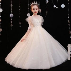 Robe de Cérémonie Fille en Tulle Manches Courtes Robe Longue Princesse de Soirée Couleur Unie 1-12 Ans