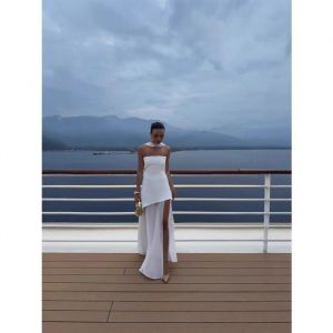Robe longue femme élégante bustier–Robe soirée été fluide avec voile transparent–Tenue mariagecocktailvacances–Blanc