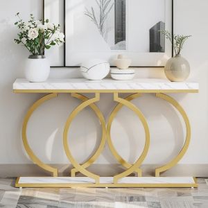 Table Console dorée 140×30×80 cm Table dentrée Moderne Table dentrée pour Salon entrée Couloir Blanc et doré