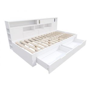 Lit Double 140x190 multifonctionnel avec tiroirs &eacute;tag&egrave;re armoire et coffre de rangement - blanc sans matelas
