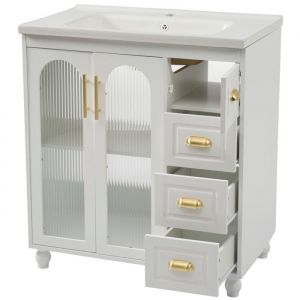 Meuble Sous Vasque salle de bain 80cm blanc avec vasque céramique - Meuble bas sous vasque simple design et fonctionnel
