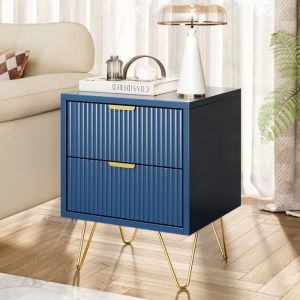 Table de chevet 2 tiroirs Style moderne Table dappoint Buffet salon Pieds metal 40x35.5x50 cm Panneaux de particules Bleu