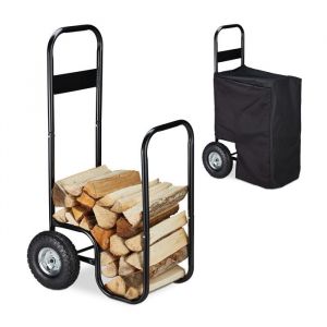 Relaxdays Chariot à bois métal bâche de protection 2 roues 60 kg transport & stockage panier à bûches noir