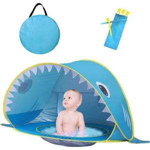 Tente de Plage Bébé avec Piscine Tente Plage Portable Requin Pop-Up  Amovible Abri de Plage Anti UV Intérieur Extérieur Bleu