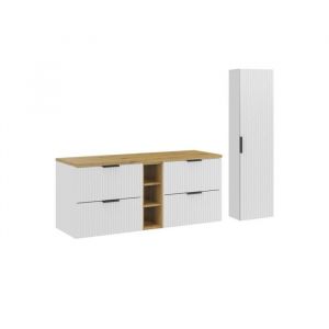 Ensemble de salle de bain NOXERA 140 cm &ndash; Meuble sous vasque suspendu blanc alpin avec plan pour vasque ch&ecirc;ne niches ouvertes