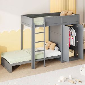 Lit superposé enfant 90*200cm 2 places avec escalier de sécurité  armoire design de la clôture haute sommier à lattes Gris