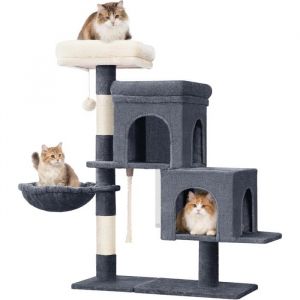 Arbre a Chat Petit Arbre &agrave; Chat de 95 cm Spacieux et Stable Fond r&eacute;glable avec Grande Plateforme Souple Pompons Gris Fonc&eacute;