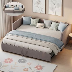 Lit Gigogne 90/180 x 200 cm - Lit Capitonn&eacute; avec Sommier &agrave; Lattes - Extensible - Cadre de Lit Convertible - Tissu en Velours - Gris