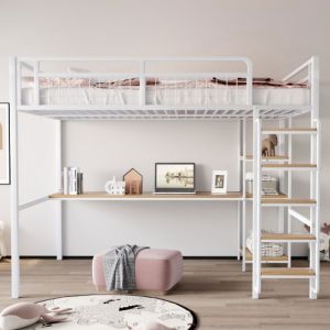 Lit superposé 140x200 cm échelle de sécurité avec escalieravec table et étagère barrière de sécurité grillagée en métal blanc