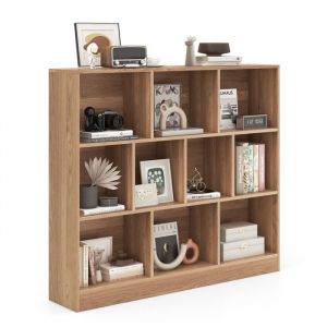 &Eacute;tag&egrave;re Biblioth&egrave;que 3 Niveaux COSTWAY-120x24x104 CM-10 Cases Ouverts Rangement-Kit Anti-Basculement-Capacit&eacute; Max 170 KG-Naturel