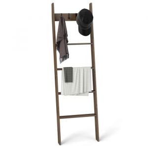 COSTWAY 2 en1 Étagère Échelle à 5 Niveaux avec Couverture en Bambou 4 Crochets Amovibles pour Salon Salle de Bain Marron
