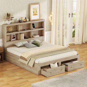 Lit double - Naturel - 160x200 cm - Bois massif - 2 tiroirs - Espace de rangement avec USB