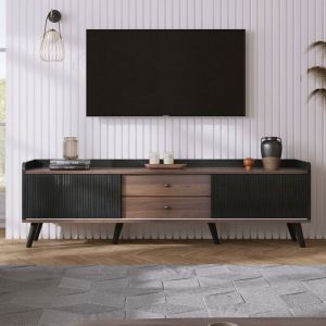 Ulife Meuble TV avec tiroirs en noir et couleur bois naturel plateau bas avec deux portes coulissantes texture délicate