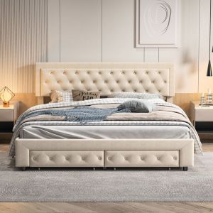 Lit Coffre 180x200 avec Sommier Lit Double avec Tiroir Lit Rembourré en velours Lit Adulte Lit Capitonné Lit de Rangement Beige