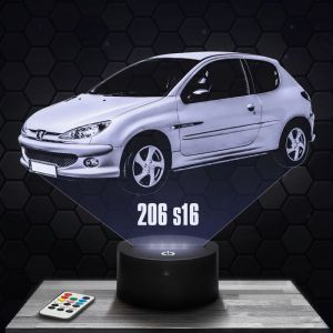 Lampe 3D - Peugeot 206 S16 - Jouet Miniature Cadeau Peugeot 206 S16 - Veilleuse Led Tactile avec socle au choix et t&eacute;l&eacute;commande
