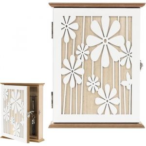 Boite a Clef Decorative en Bois Moderne Boite a Clefs Murale Design avec 6 Crochets &agrave; Cl&eacute;s avec Motif de Fleurs Blanc ARMOIRE A CLE