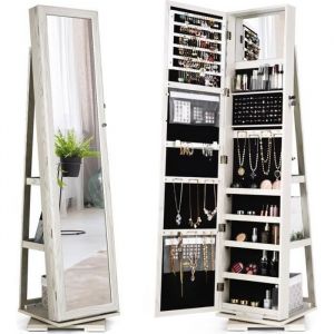 COSTWAY Armoire à Bijoux Pivotante à 360 Degrés avec Grand Miroir Psyché et Etagère de Rangement à L’Arrière Blanc