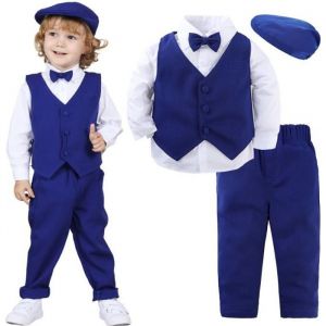 Costume Mariage Enfant Garçons 4pcs Vêtements Ceremonie Fete Tenue Manches Longues Avec un Chapeau Marin 12 Mois à 4 Ans
