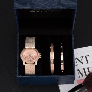 Coffret Montre De Poignet Femme - Montre-Bracelet Quartz Analogique en Cristal Bling - Or Rose