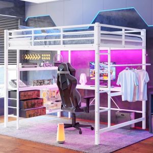 lit mezzanine 140x200 structure m&eacute;tal robuste lit mezzanine avec bureau LED multicolore rangements int&eacute;gr&eacute;s &eacute;chelle s&eacute;curis&eacute;e