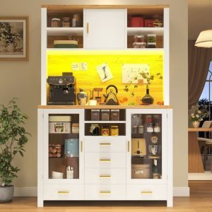 Buffet Haut de Cuisine Multifonction avec LED - Tiroirs et 4 Portes - Meuble Blanc en Bois - Style Campagne - 120x40x188 cm