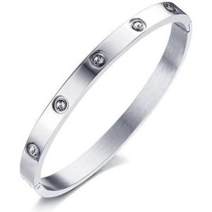 Bracelet jonc pour femme en acier inoxydable argenté avec strass 64mm