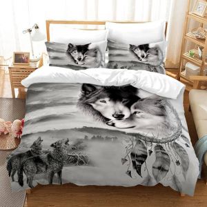 Parure de lit 3D avec Housse de Couette et 2 taies doreiller - Motif Loup - pour Enfants et Adultes 220 x 240 cm - Paire de Loups