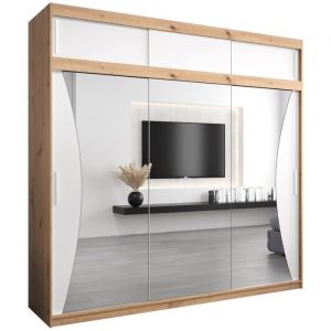 Armoire Monaco 250 Avec 2 Portes Coulissantes Miroir et Rehausse - Corps Chêne Artisan Façade Blanc Mat - 62x250x240cm