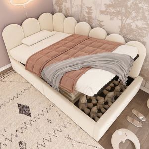 Lit capitonn&eacute; enfant 90x190 cm Lit coffre hydraulique Lit rembourr&eacute; en velours avec rangement et sommier &agrave; lattes m&eacute;tal - beige