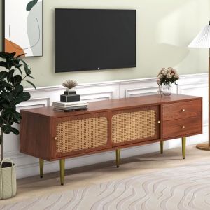 Meuble TV-Style moderne-2 tiroirs2 portes coulissantes en rotin-buffet bas Rangement Salon Chambre 160x40x60cm