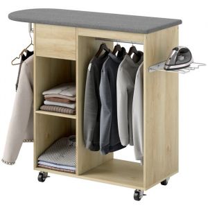 Armoire &agrave; repasser - HOMCOM - avec roulettes barre de suspension pour v&ecirc;tements &eacute;tag&egrave;re ouverte - 125x435x1025cm - bois naturel