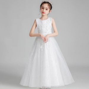 Robe de Soirée de Mariage Fille Sans Manches en Tulle Robe Princesse Cérémonie Pour 4-14 Ans - Blanc