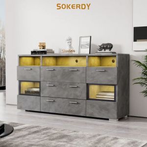 Buffet Bahut 2 Portes 3 Tiroirs - SOKERDY - 140 x 72.5 x 33.5 cm - Éclairage LED et Portes en Acrylique - Rangement - Gris