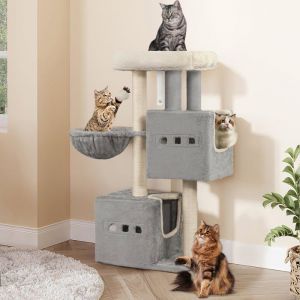 Arbre &agrave; ChatTour de Jeux 98 cm Meubles de Maison pour Chats avec 2 Niches Grande Plate-Forme Sisal Griffoir Hamac Gris Clair