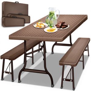 tillvex Ensemble table et bancs pliants   Marron Set de tente de fête  Mobilier de jardin en plastique 180 cm  Aspect rotin