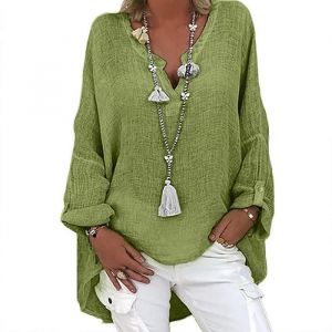 CHEMISE - CHEMISETTE Chemisier Femme Coton Lin Eté Chic Manches Longues Oversized Lin Blouse Tunique Casual Col V Couleur Vert