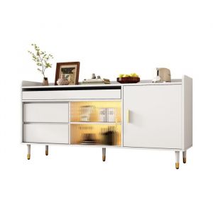 Meuble Buffet bahut bas Salon salle a manger rangement-style modern bois blanc éclairage LED -140 x 38 x 76 cm