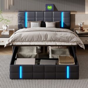 160x200 cm lit coffre double en cuir artificiel noir cadre de lit avec base de bande LED USB et stockage hydraulique sans