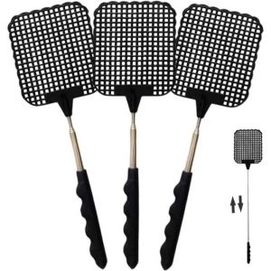 Tapette &agrave; Mouche 3 pi&egrave;cesTapette &agrave; Mouche Extensible Acier Inoxydable Tapette &agrave; Mouche Manuelle T&eacute;lescopique Noir