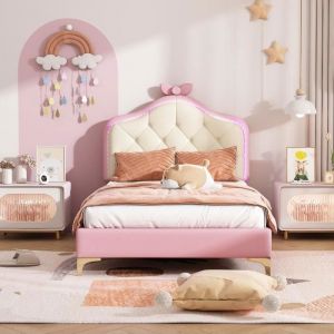 Lit enfant - LEYTN - 90x200cm - Rose - Tête de lit capitonnée - Bandes LED multicolores
