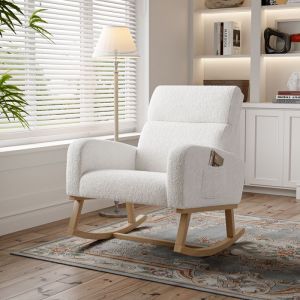 Fauteuil &agrave; basculeRocking ChairFauteuil &agrave; bascule allaitement poches lat&eacute;ralesPieds en Bois Massif pour salon chambre Blanc